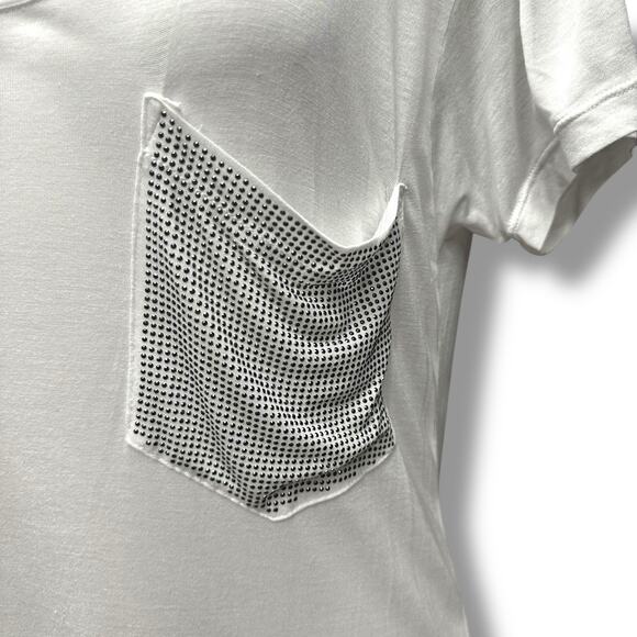 Y2K Express T Shirts 2 Sheer Embellished Pockets Black White Studded Sequins M - Picture 9 of 16